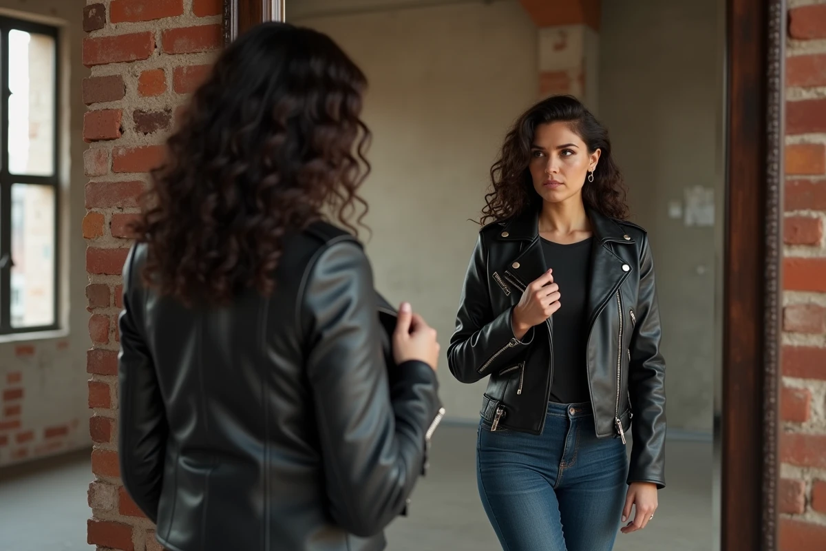 Jeune femme essayant une veste en cuir noir vintage devant un miroir dans un loft aux murs en briques apparentes