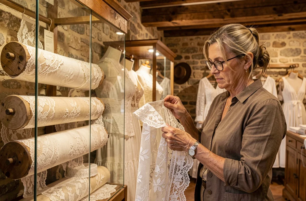 Boutique Eternelle Guipure à Lourmarin avec des dentelles et guipures artisanales exposées dans un cadre rustique en pierre avec une artisane examinant une pièce de dentelle