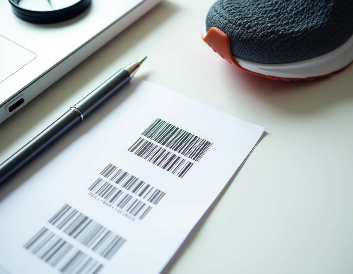 Vue aérienne d'un code UPC Nike sur une chaussure avec une fiche produit imprimée et une loupe pour identifier les références