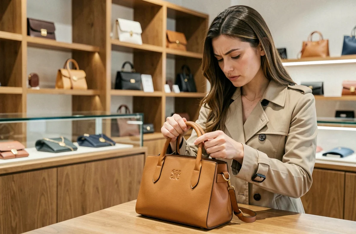 Femme examinant les coutures et les finitions d'un sac en cuir de luxe dans une boutique haut de gamme pour repérer un faux Louis Vuitton