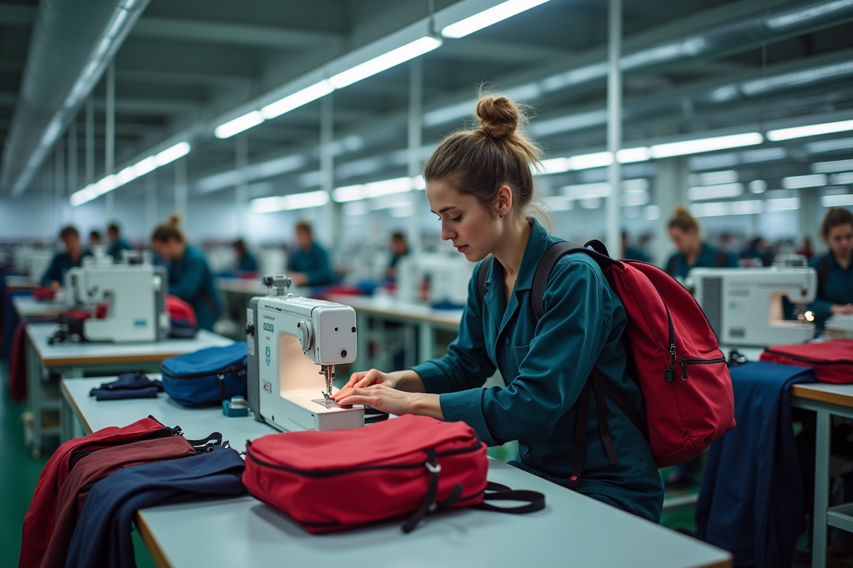 Ouvrier assemblant sacs Eastpak en usine moderne