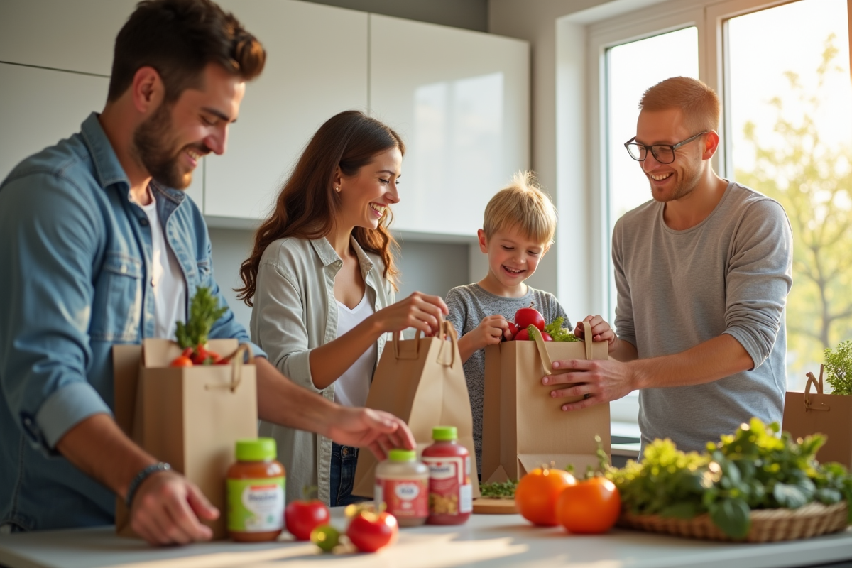 Famille française dans une cuisine moderne et lumineuse