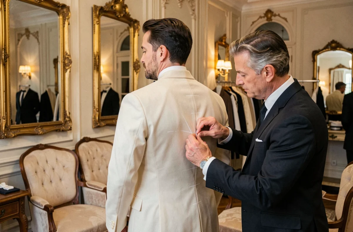 Essayage d'un costume de cérémonie sur mesure pour mariage dans un salon de tailleur parisien élégant
