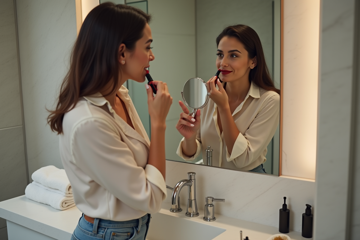 Femme appliquant un rouge à lèvres rouge dans sa salle de bain