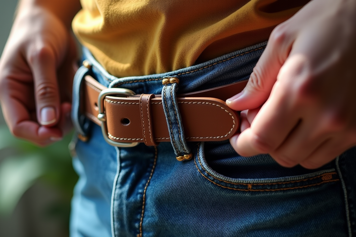 Femme ajustant une ceinture en cuir marron sur un jean taille 32