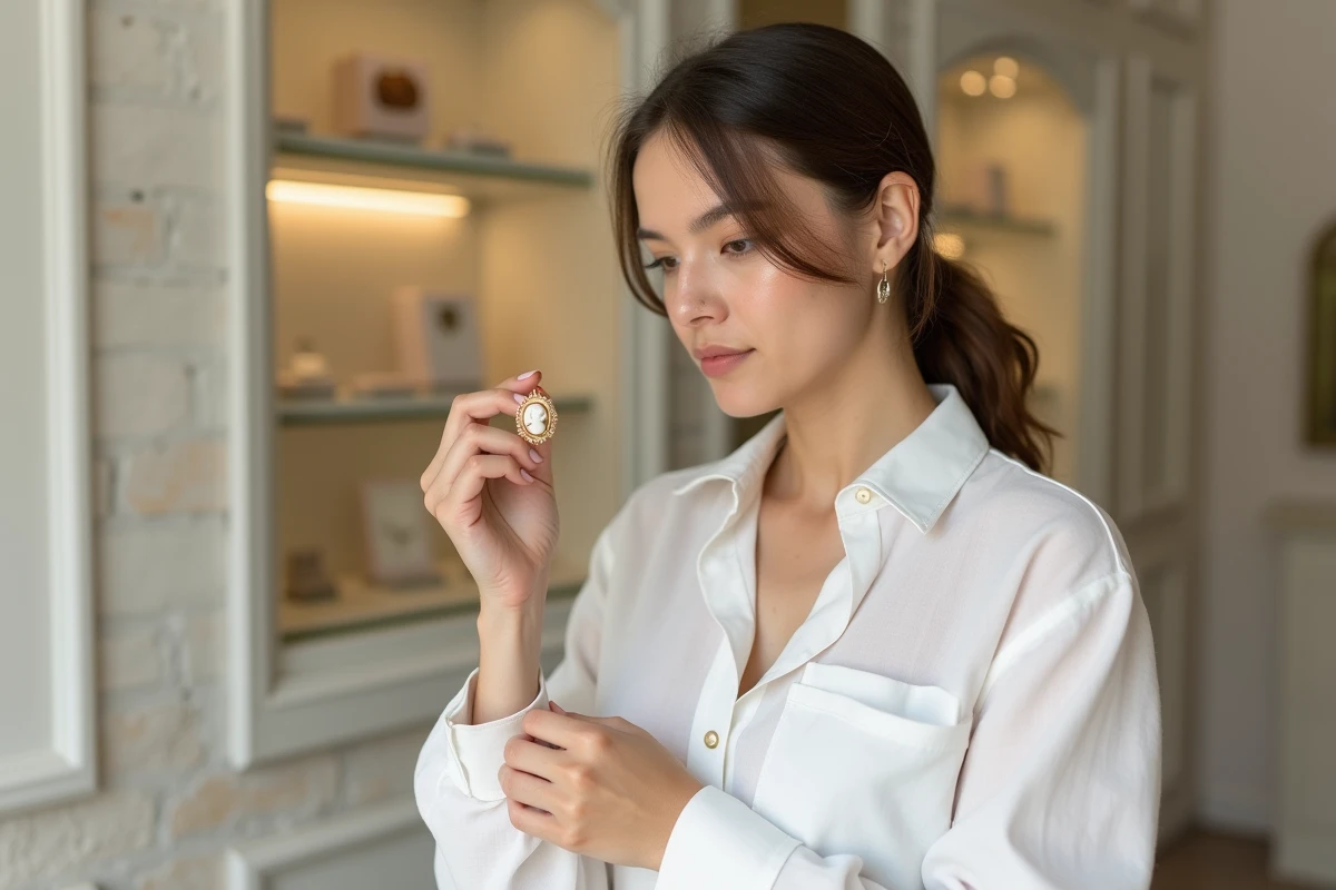 Jeune femme tenant un pendentif camée or dans une boutique de bijoux parisienne, tendance bijoux 2026