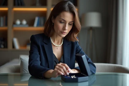Femme élégante examinant une boîte à bijoux avec perles