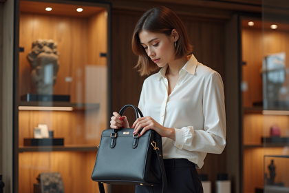 Jeune femme examine un sac de luxe dans une boutique élégante
