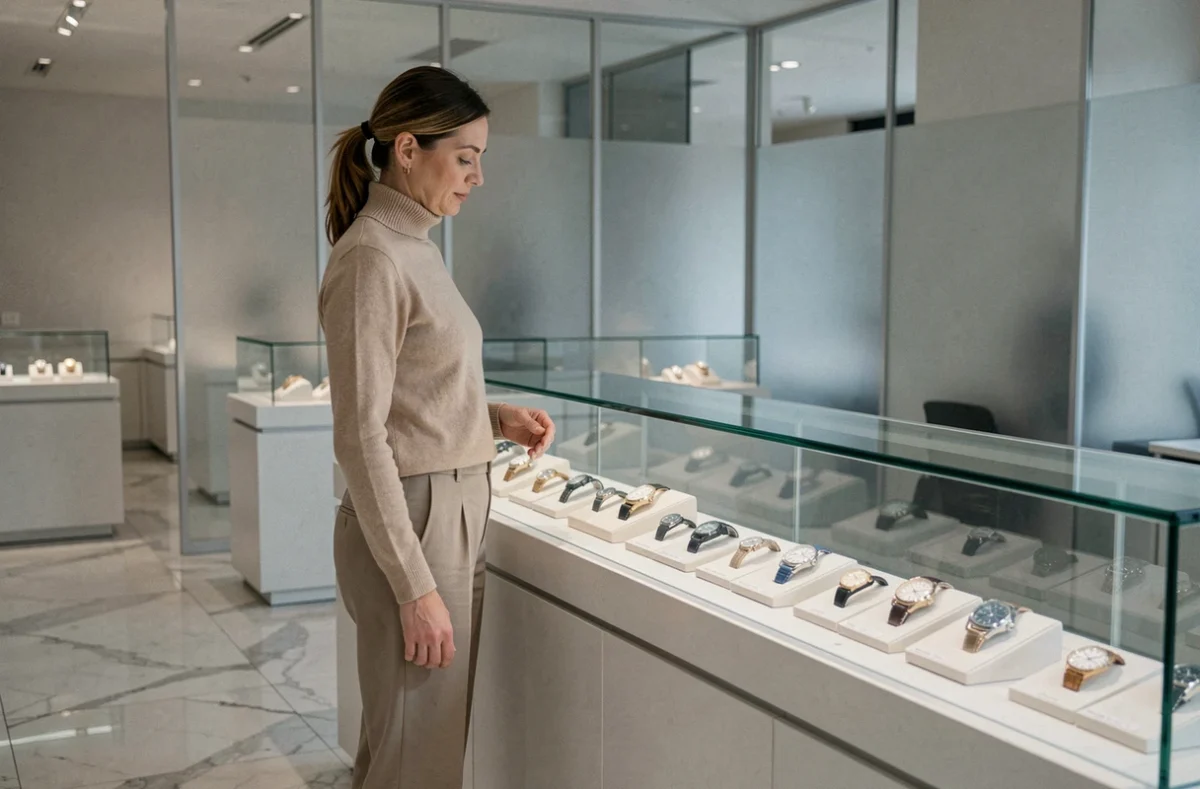 Femme parcourant discrètement une vitrine de montres de luxe Rolex dans une boutique élégante