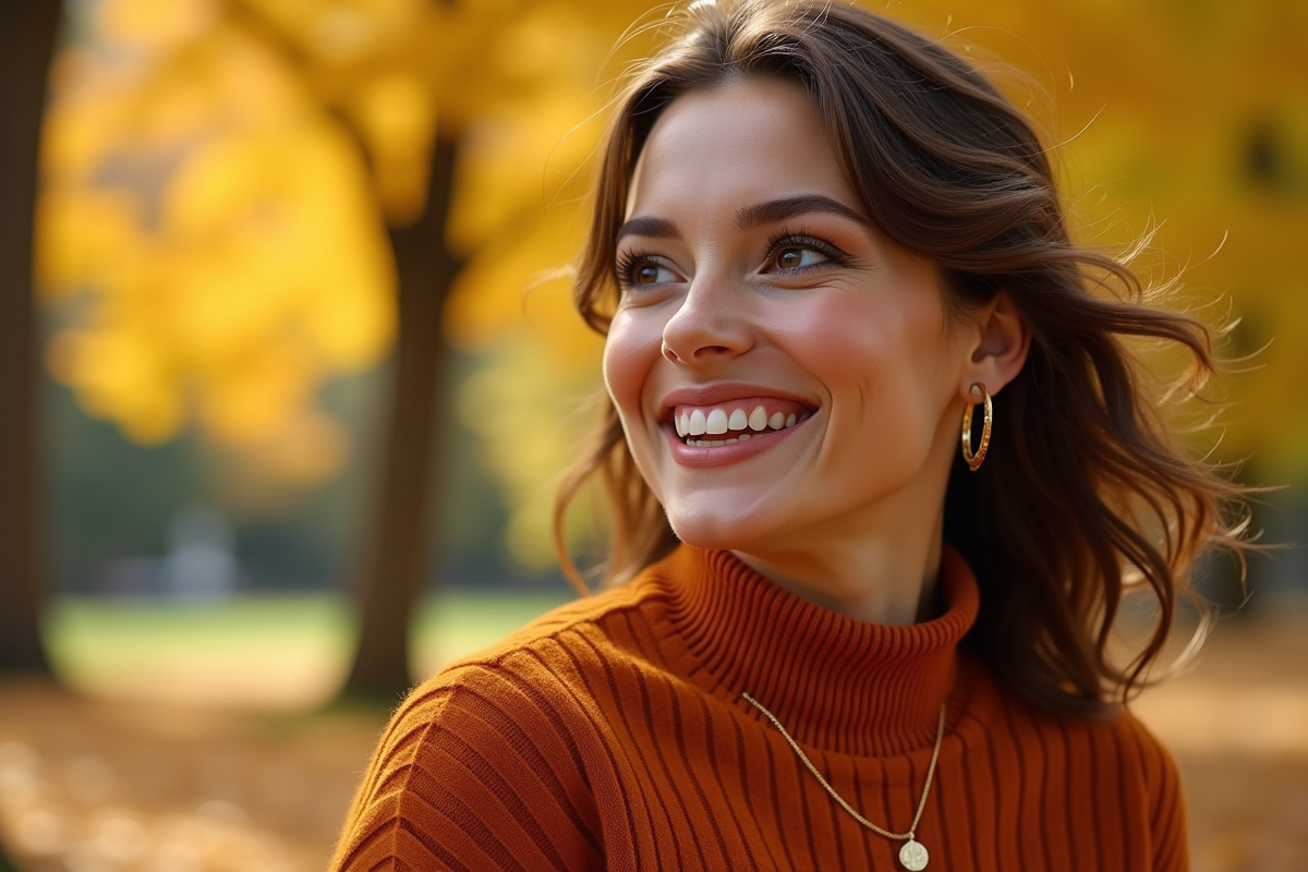 Femme brune souriante en automne dans un parc avec pull orange
