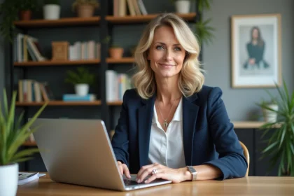 Femme en bureau &agrave; domicile avec livres et plantes