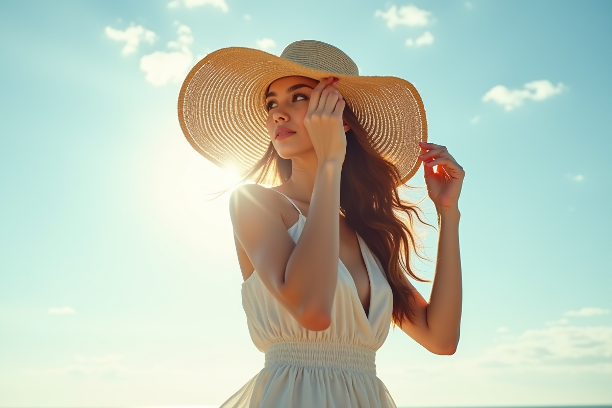 Femme ajustant son chapeau de paille au vent en plein air