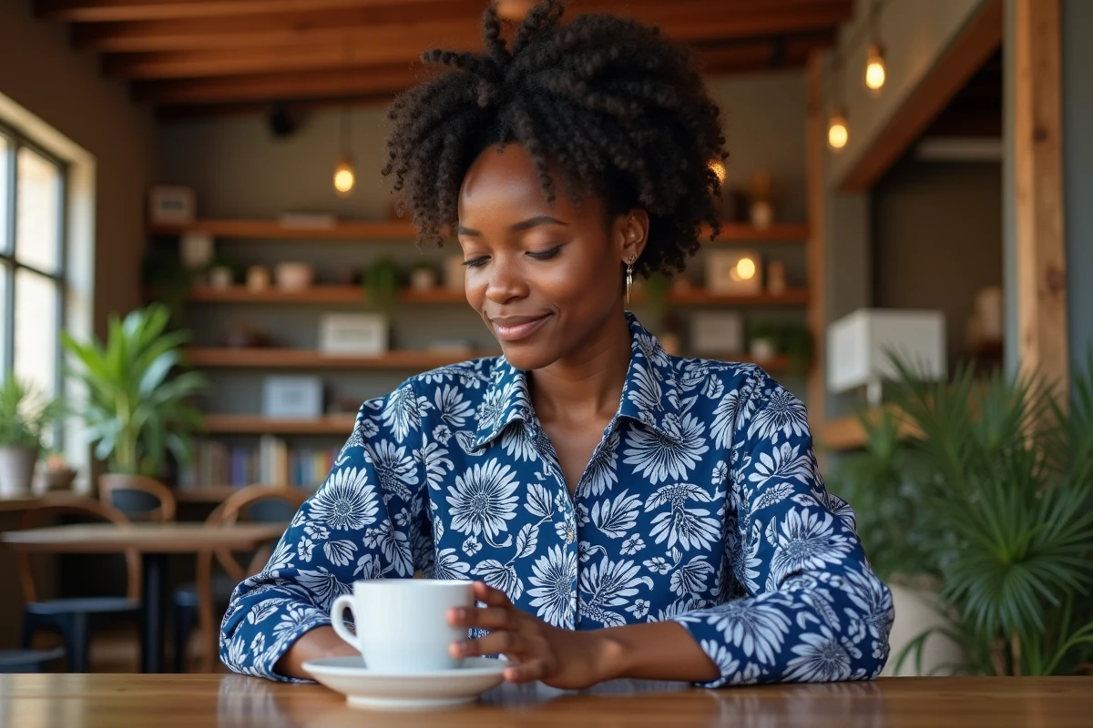 Femme portant une chemise africaine Ankara Adire indigo dans un café chaleureux en bois