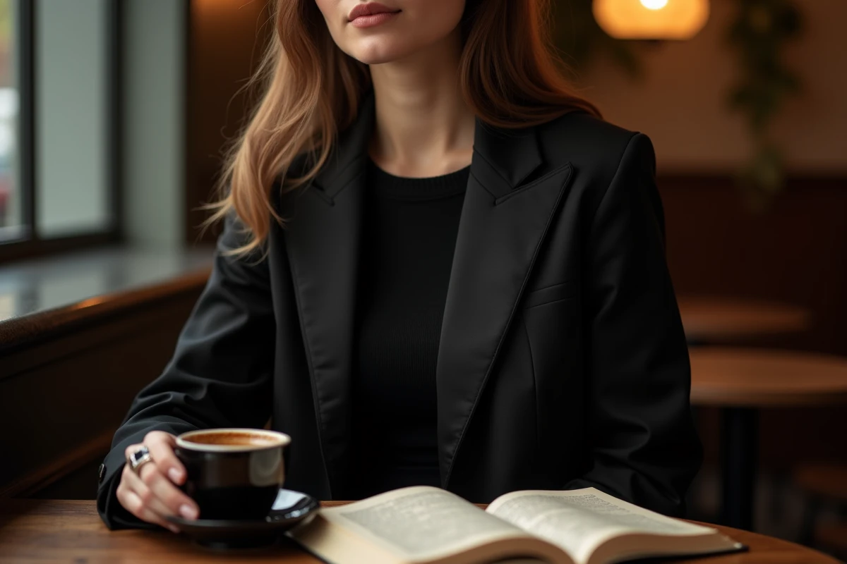 Femme en col ras du cou noir et blazer satiné attablée dans un café cosy, esthétique gothique chic raffinée et urbaine