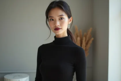 Femme en pull col ras du cou noir côtelé dans un appartement parisien minimaliste, style gothique chic élégant et épuré