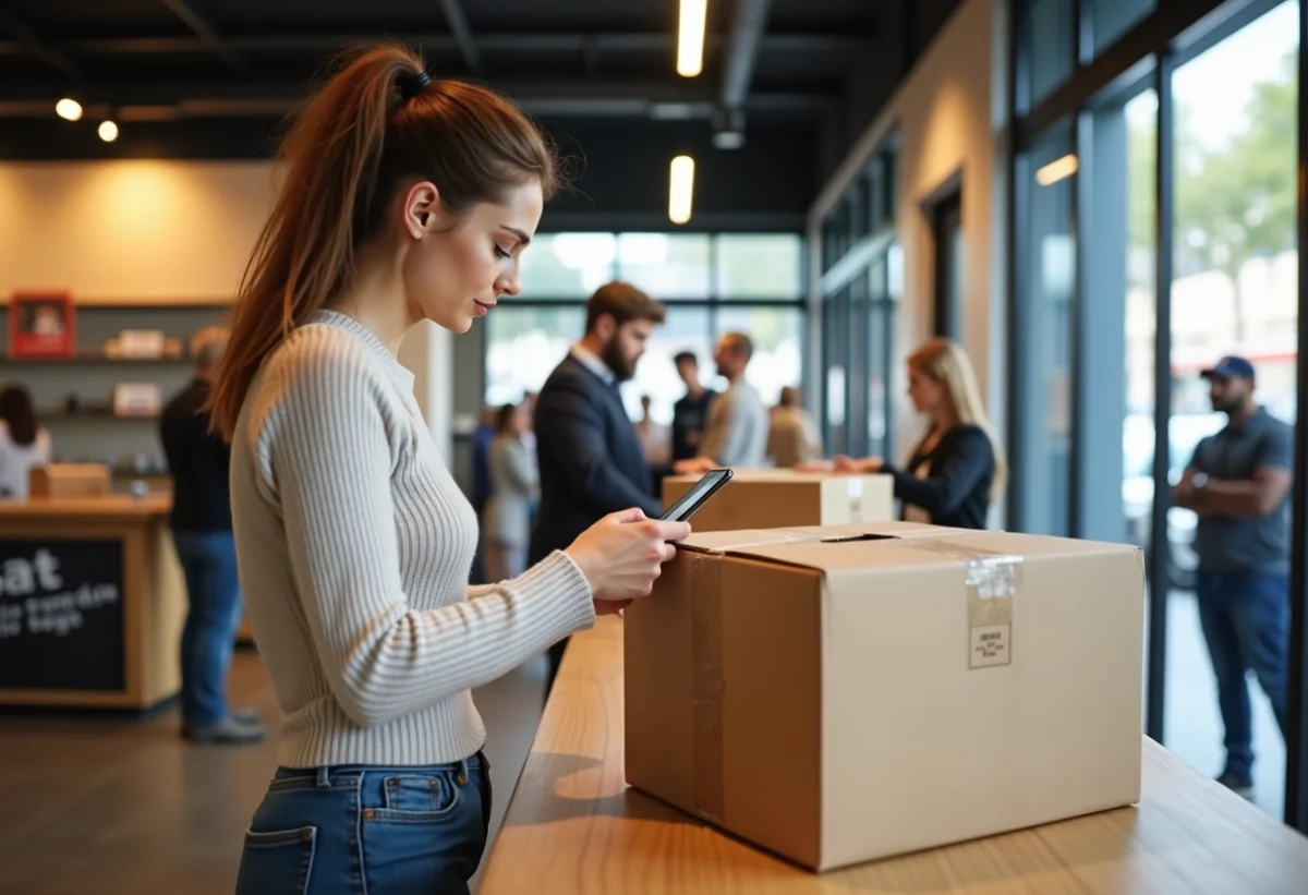 Femme vérifiant un colis dans un point de dépôt moderne
