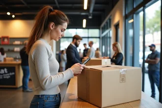 Femme vérifiant un colis dans un point de dépôt moderne
