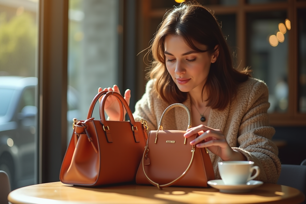 Femme élégante comparant deux sacs à café en plein soleil