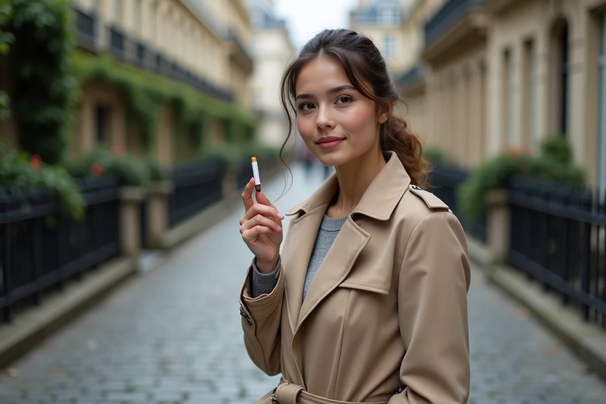 Jeune femme élégante tenant un paquet de cigarettes Vogue slim dans une rue parisienne, style trench coat beige et atmosphère urbaine chic