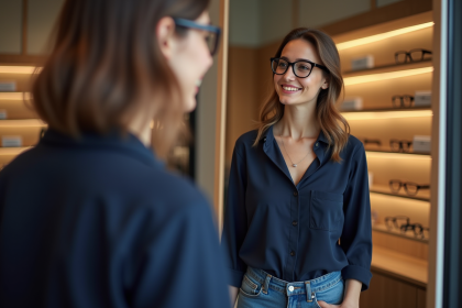 Femme en boutique optique essayant des lunettes stylées