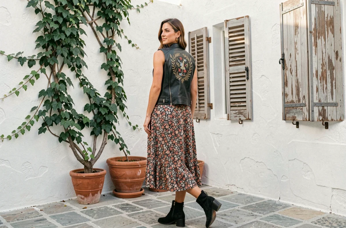 Femme portant un gilet cuir biker vintage sur une robe fleurie dans une cour méditerranéenne, association biker et féminin réussie
