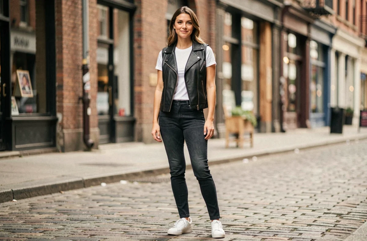 Femme portant un gilet cuir biker noir sur un t-shirt blanc dans une rue pavée urbaine, look casual chic au quotidien