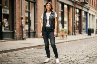 Femme portant un gilet cuir biker noir sur un t-shirt blanc dans une rue pavée urbaine, look casual chic au quotidien
