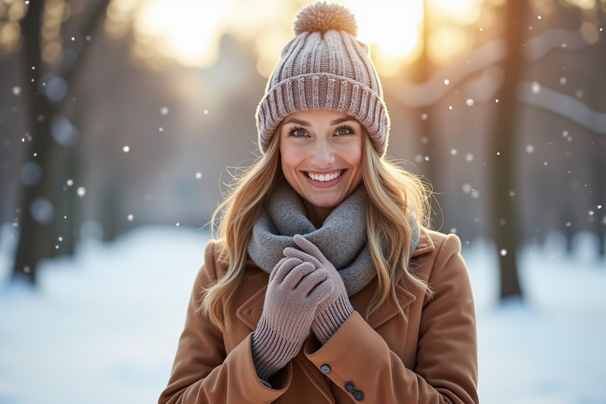 Femme souriante dans un parc enneige en hiver avec manteau chaud