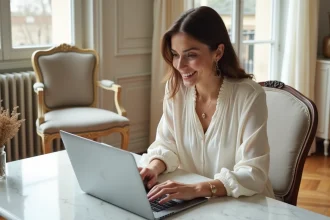Femme parisienne élégante en blouse JOHANNA Paris faisant ses achats en ligne pendant les soldes depuis son appartement parisien