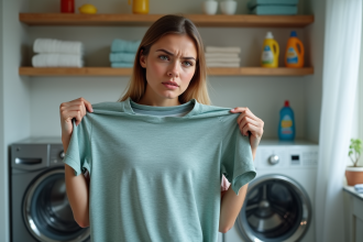 Jeune femme perplexe tenant un vêtement dans une laverie