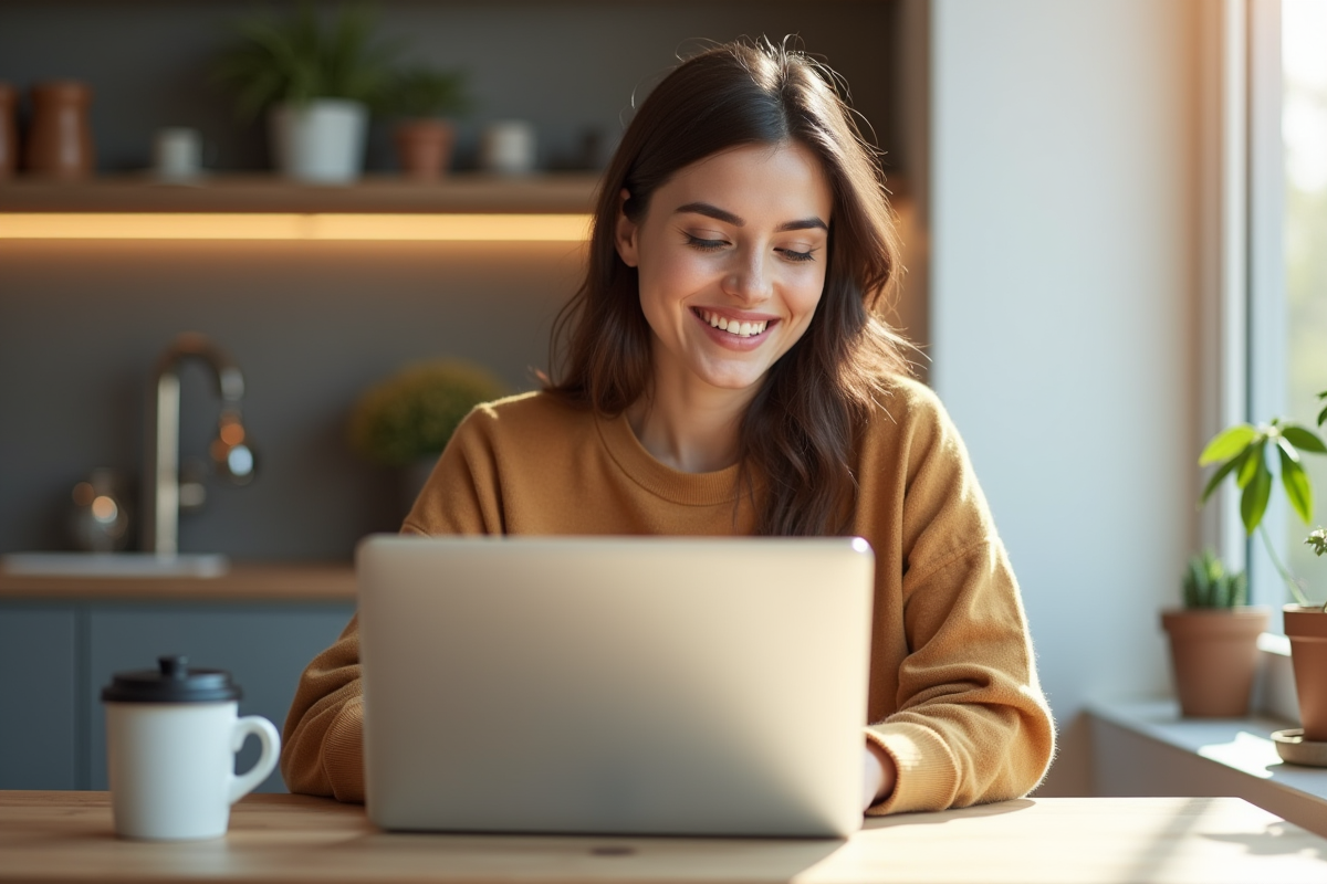 Jeune femme lisant des avis Zalando sur son ordinateur