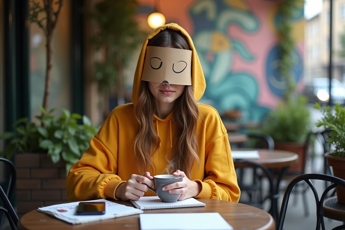 Jeune femme avec masque souriant buvant un café en terrasse urbaine