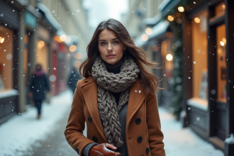Femme élégante en manteau d'hiver dans une ville européenne