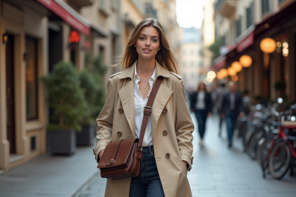 Femme &eacute;l&eacute;gante marche dans la ville avec sac &agrave; bandouli&egrave;re