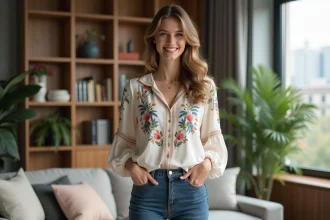 Femme souriante dans un salon moderne avec livres et plantes