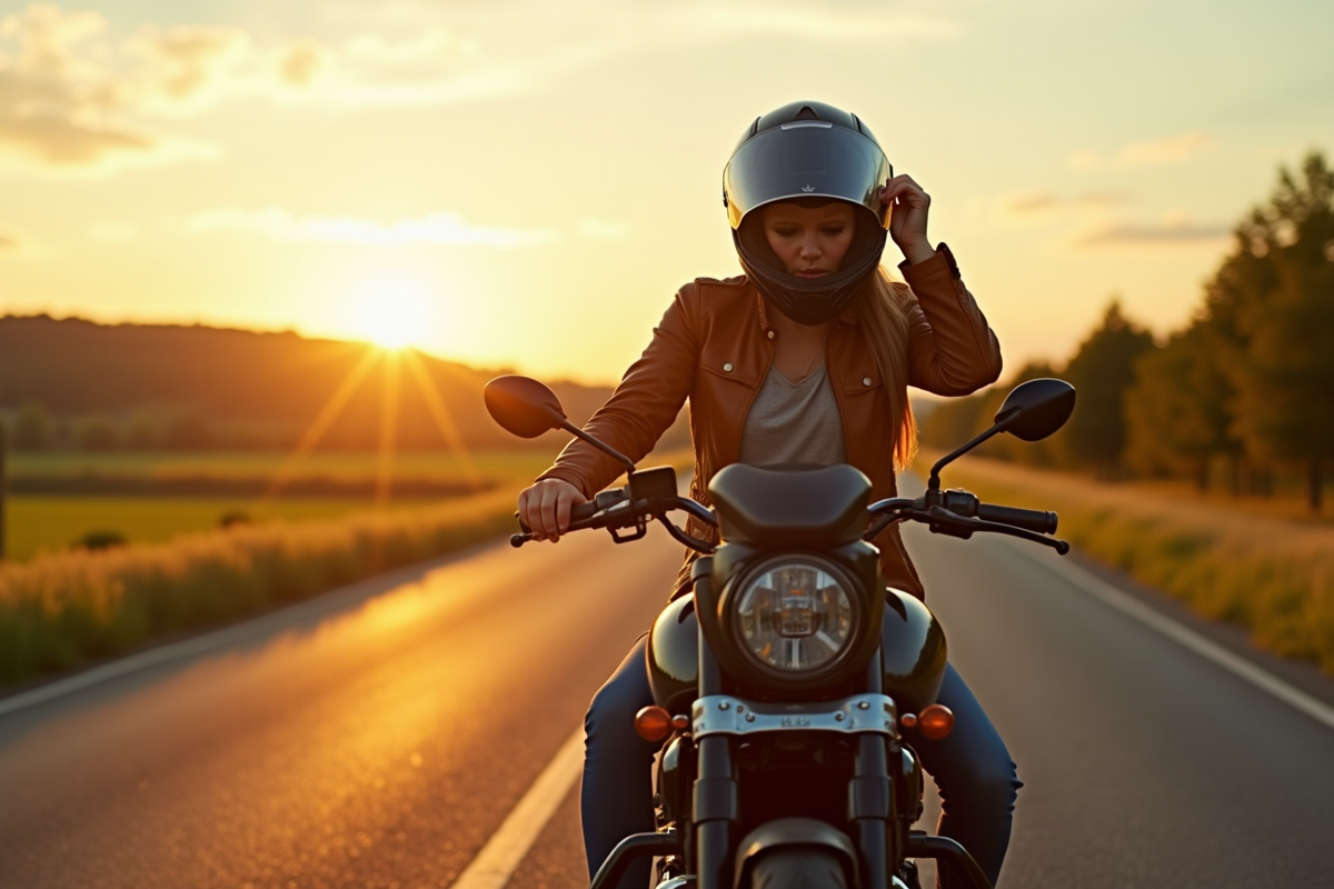 Femme motard ajustant son casque sur route de campagne