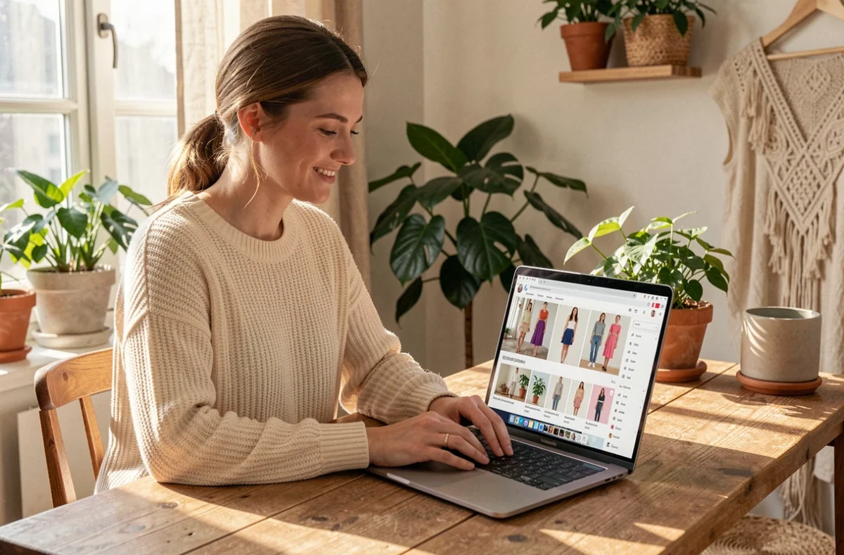 Femme consultant le site Simonelemon.com sur un ordinateur portable dans un bureau cosy aux tons neutres