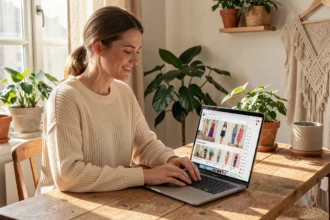 Femme consultant le site Simonelemon.com sur un ordinateur portable dans un bureau cosy aux tons neutres