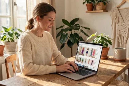 Femme consultant le site Simonelemon.com sur un ordinateur portable dans un bureau cosy aux tons neutres
