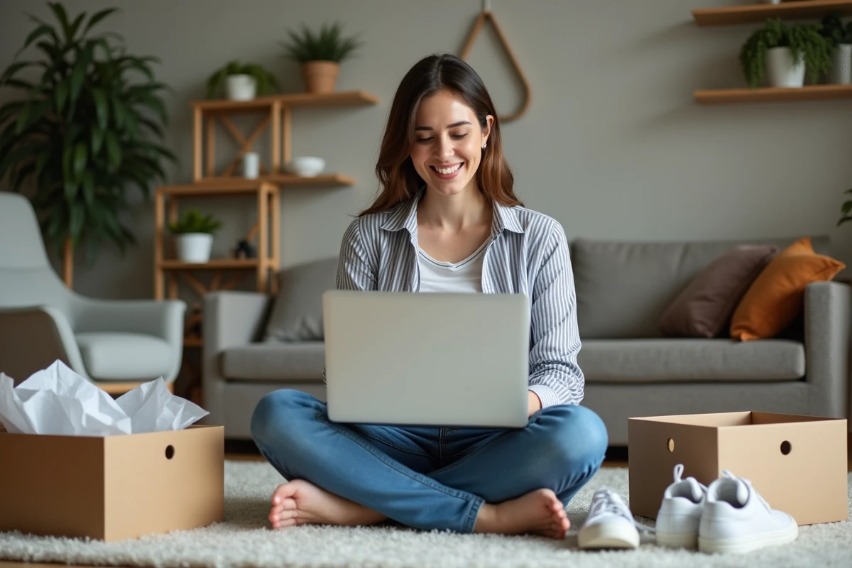 Femme souriante étudiant guide de pointure chaussures à la maison