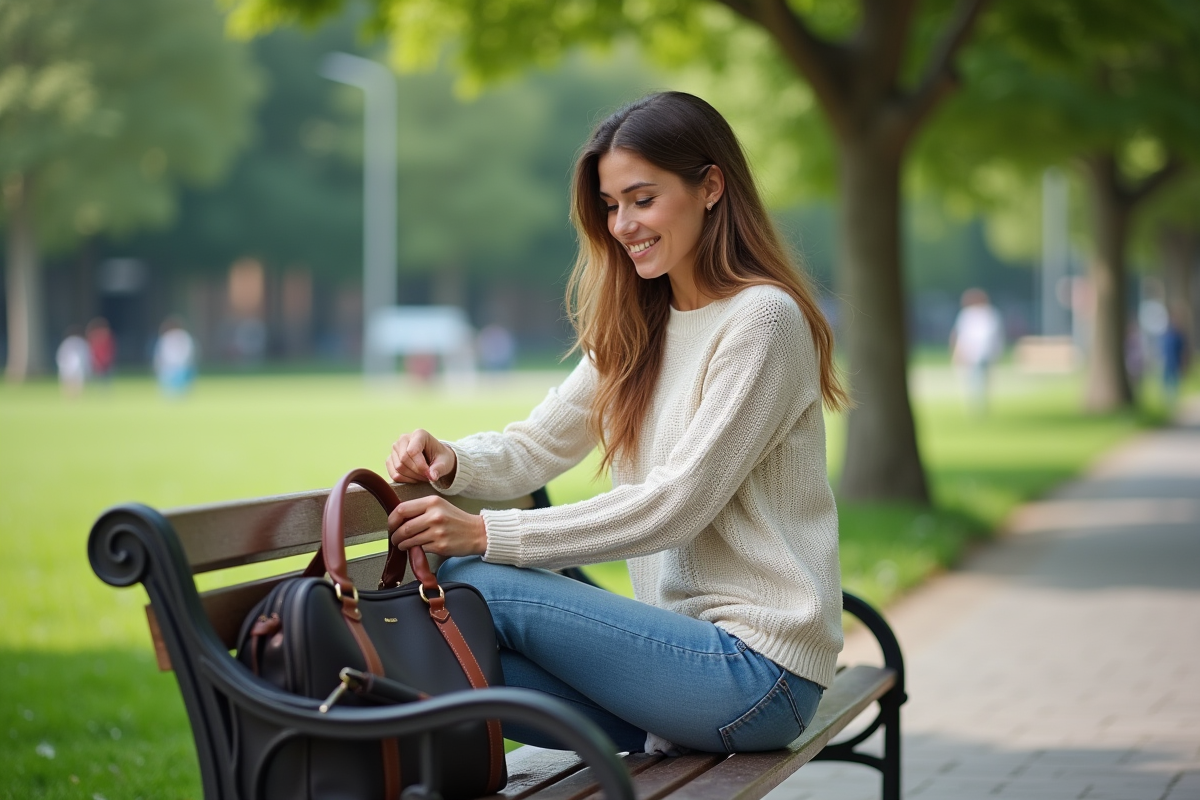 Femme assise dans un parc avec sac weekender