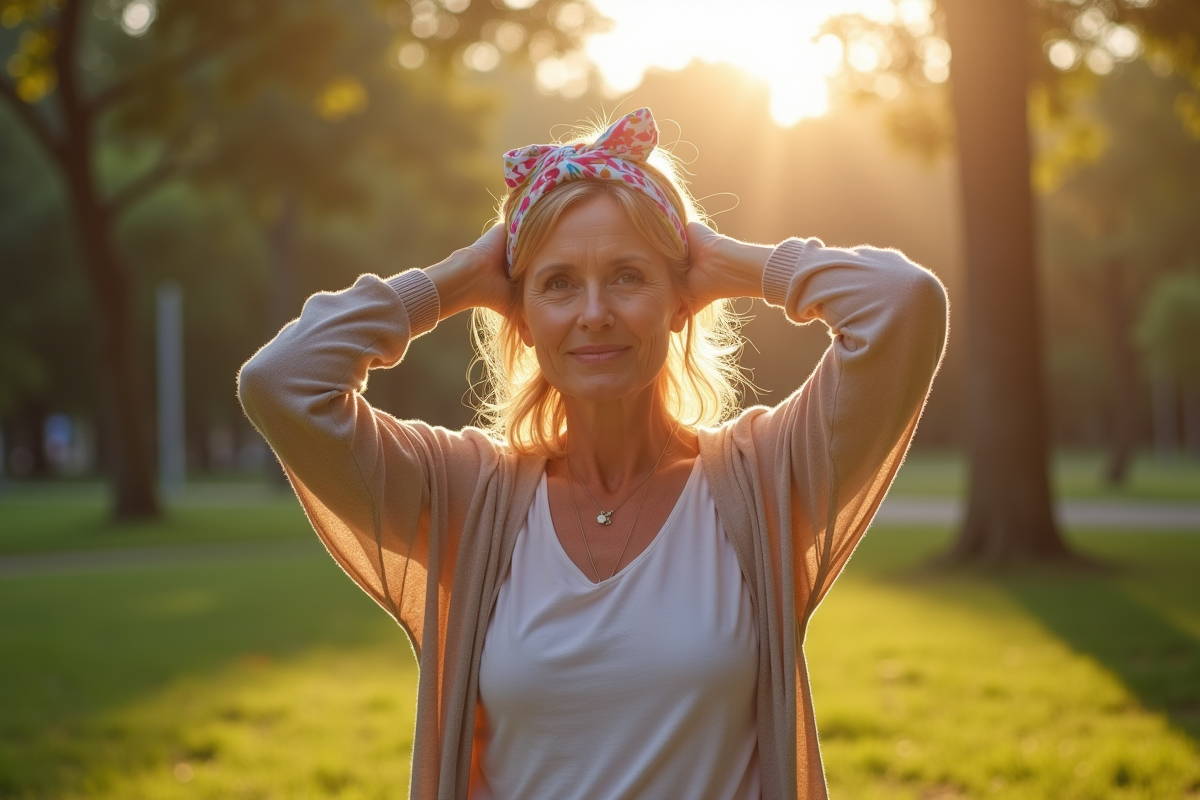 Femme mature attachant un foulard coloré dans un parc au matin