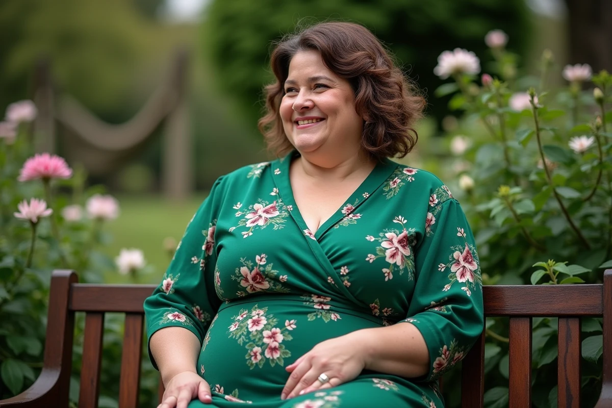 Femme souriante en robe verte dans un jardin