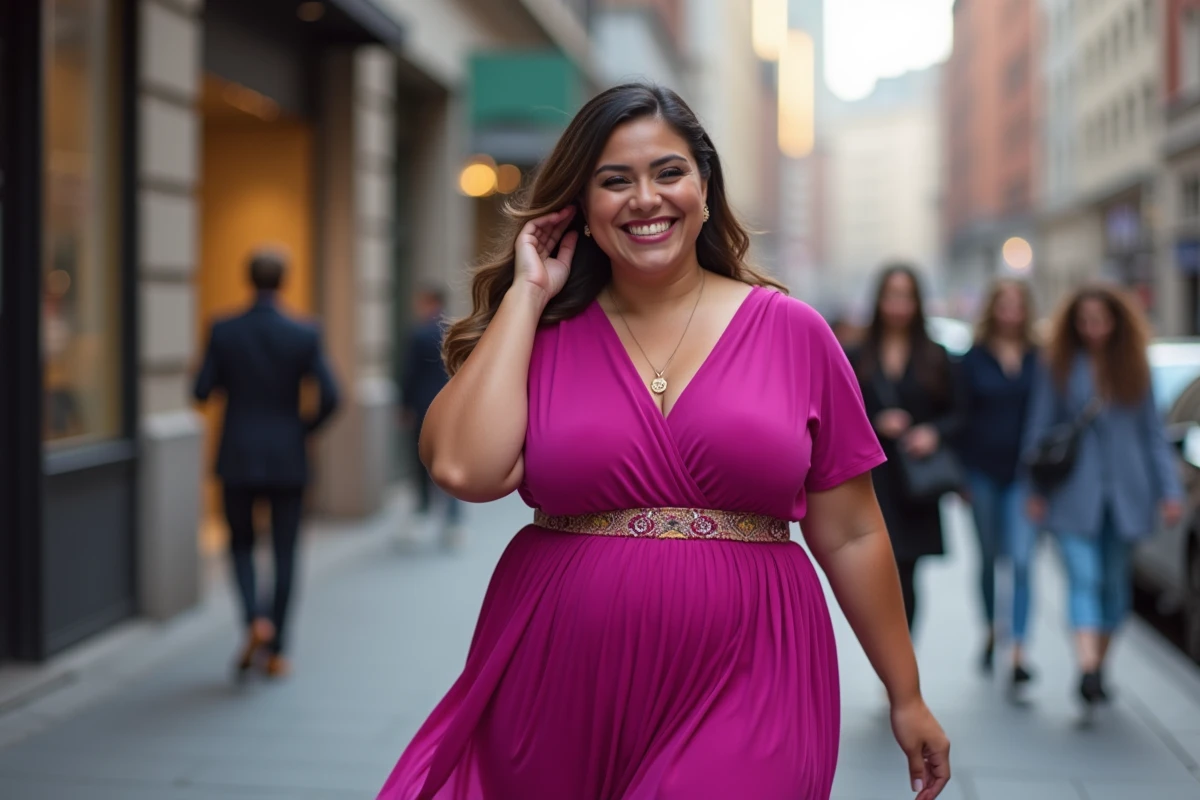 Femme confiante en robe fuchsia dans la ville