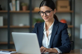 Femme confiante au bureau avec ordinateur portable