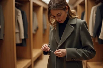 Femme en manteau chic ouvre une poche cousue avec un découseur