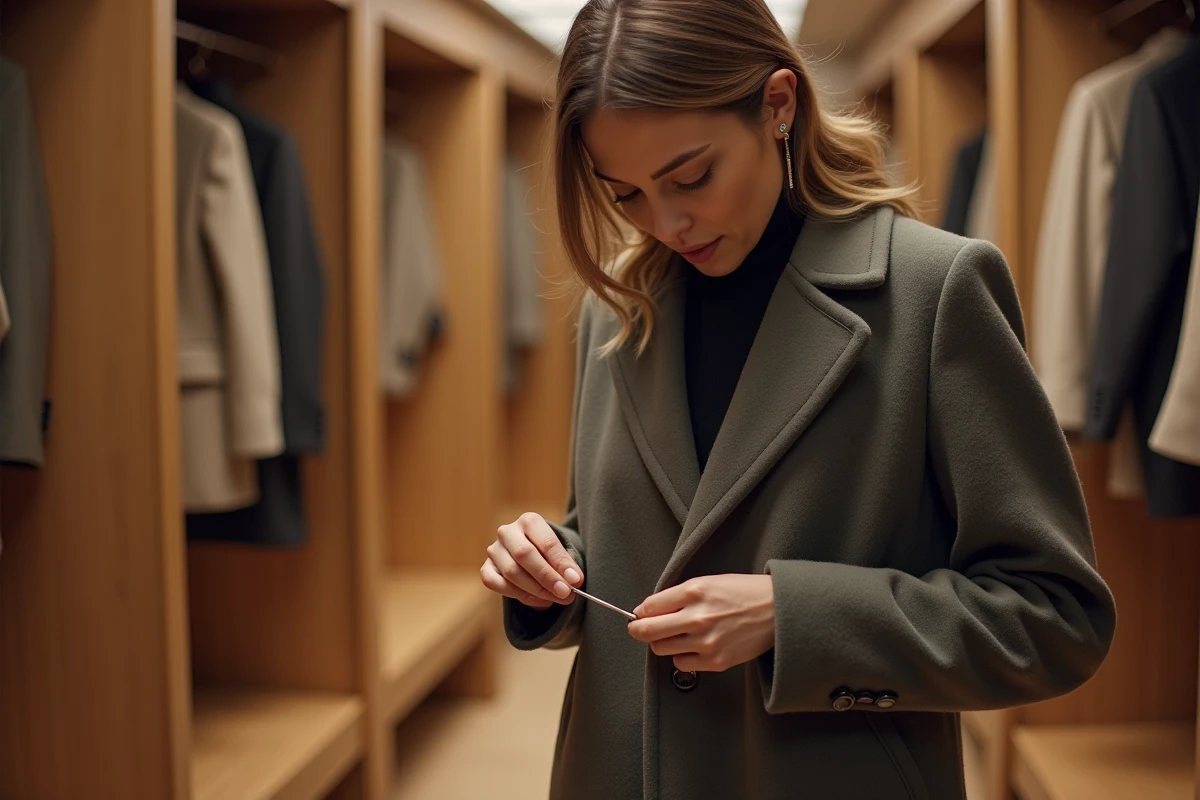 Femme en manteau chic ouvre une poche cousue avec un découseur