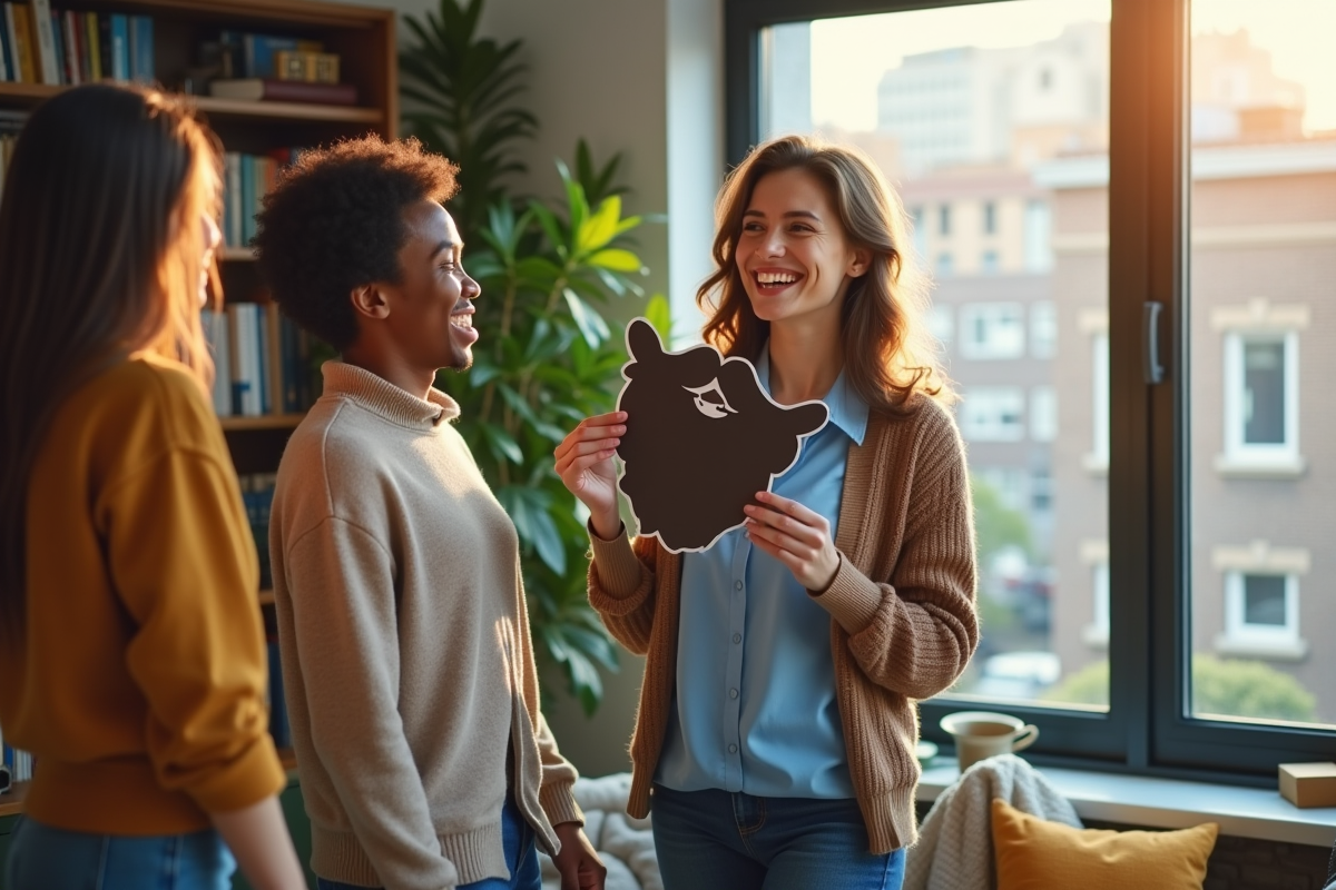 Femme souriante avec amis dans un salon lumineux