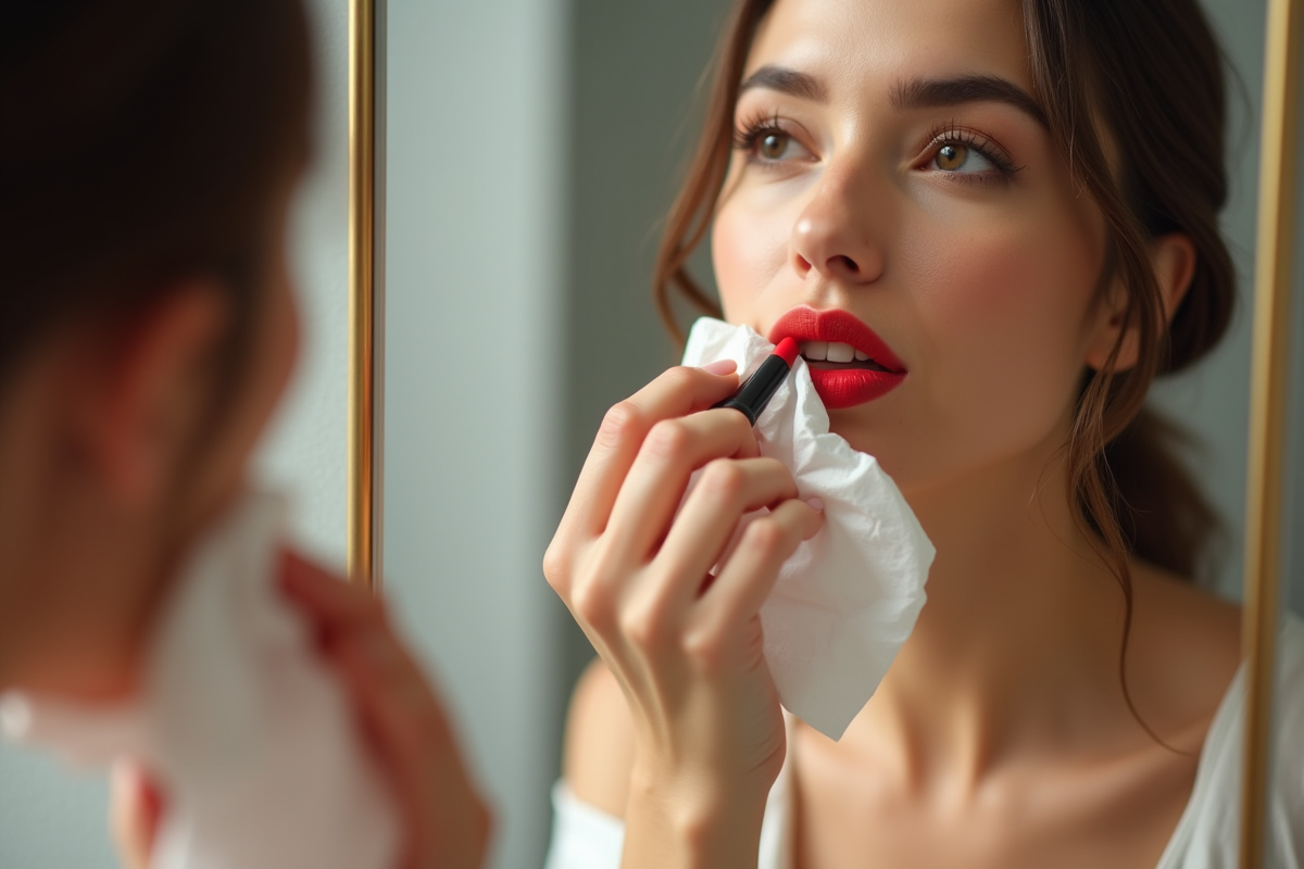 Femme appliquant du rouge à lèvres rouge devant un miroir