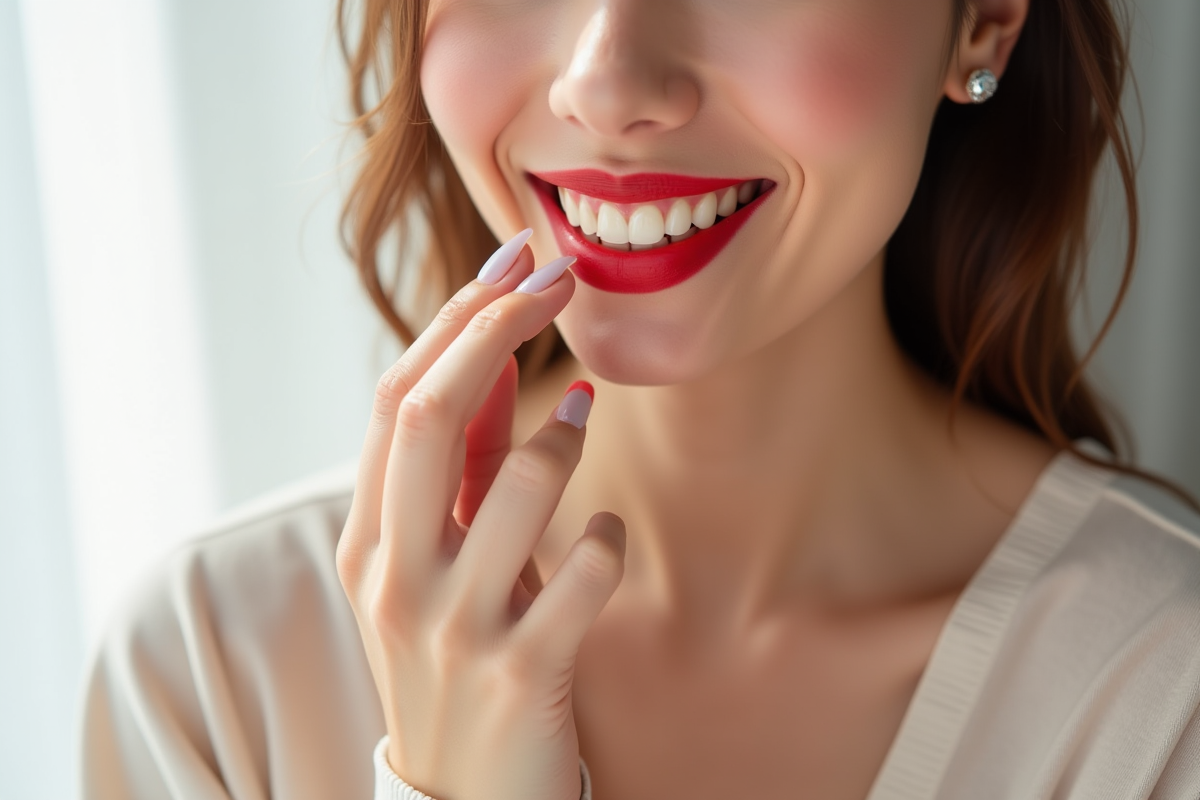 Femme souriante avec rouge à lèvres rouge vif visage éclairé